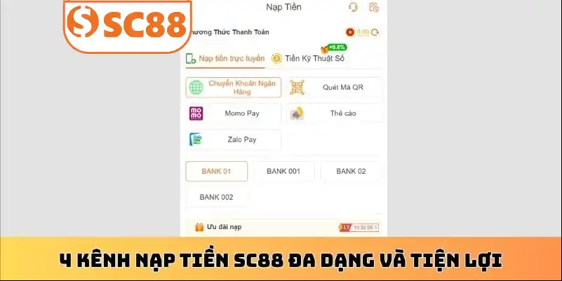4 kênh nạp tiền SC88 đa dạng và tiện lợi